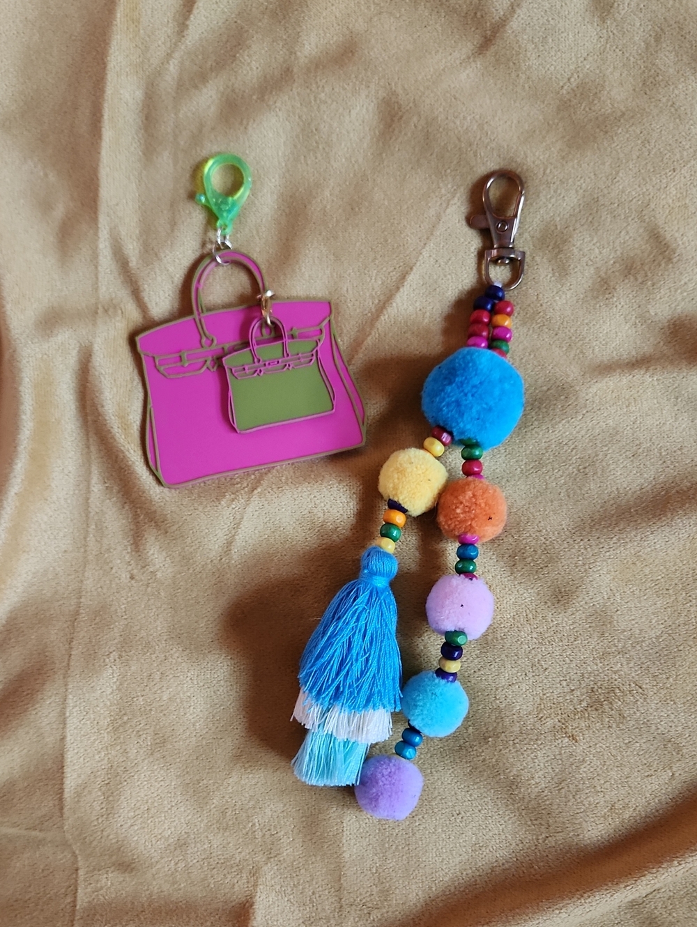 Colorful Pom Tassel Keychain with Pink Purse Charm Set